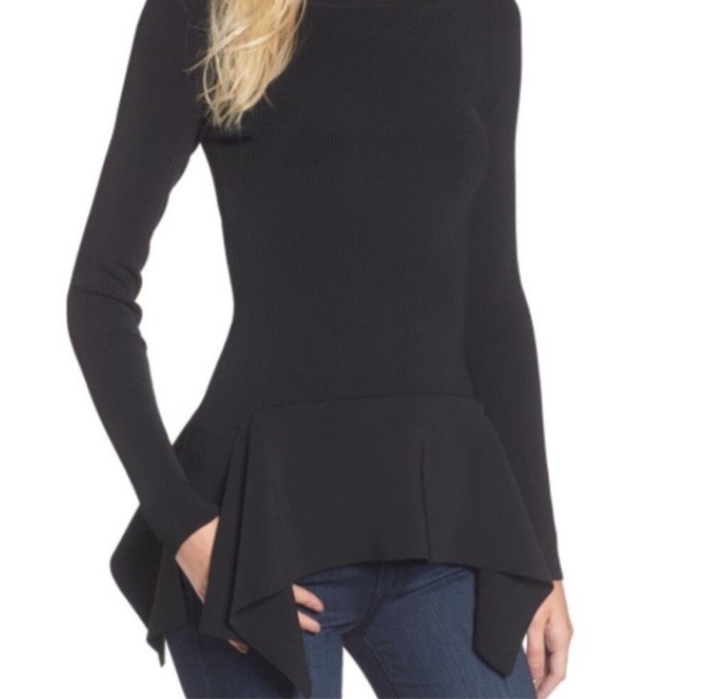 Trouvé Women Small Rib Knit Handkerchief Hem Peplum Top Black Long Sleeve Office